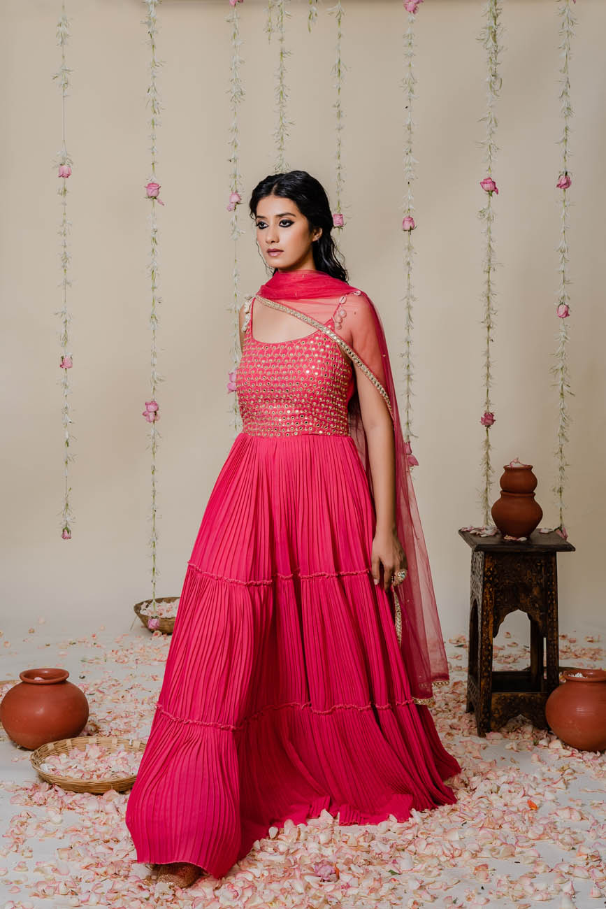 Pleated Embroidered Fuschia Pink Anarkali Suit